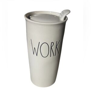 RAE DUNN By Magenta Tall Ceramic Coffee Travel Mug Tumbler W/ Lid "WORK” Cup